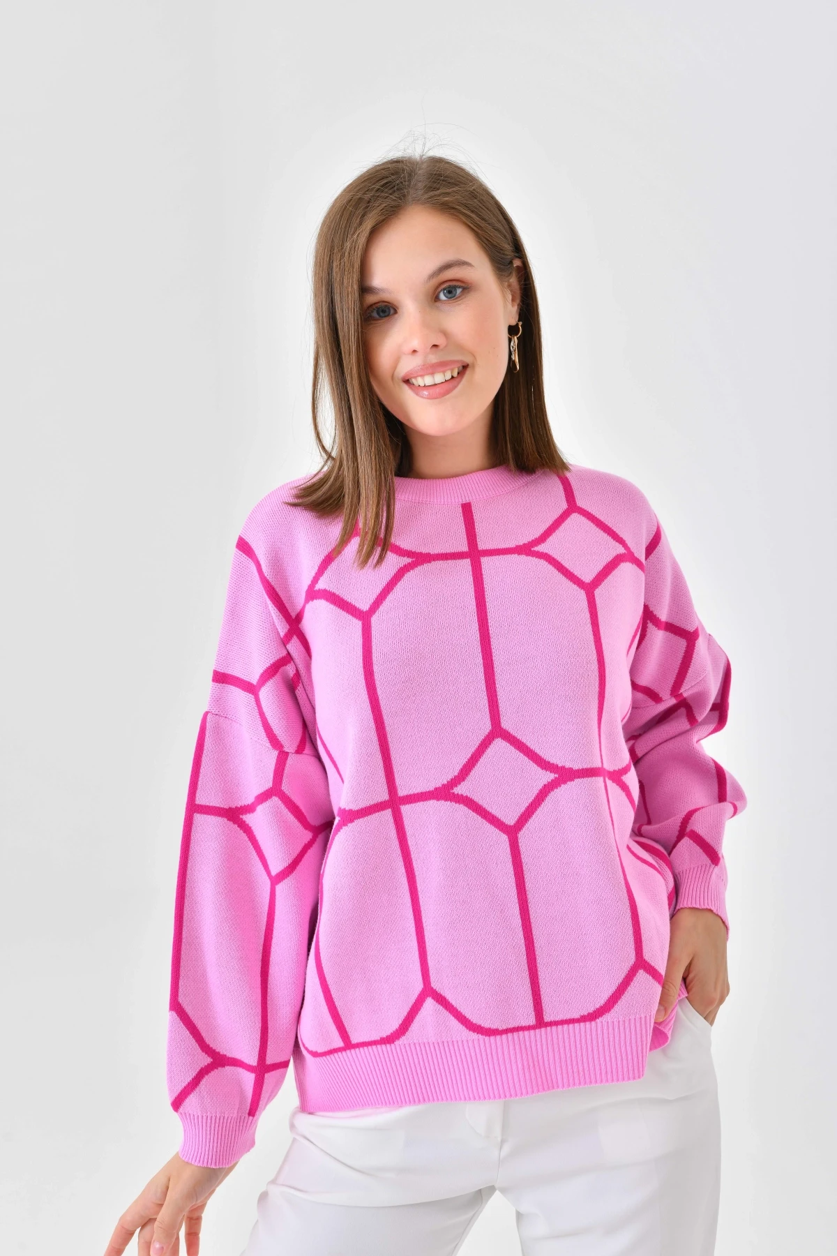 Kadın Bisiklet Yaka Desenli Oversize Triko Kazak 224403