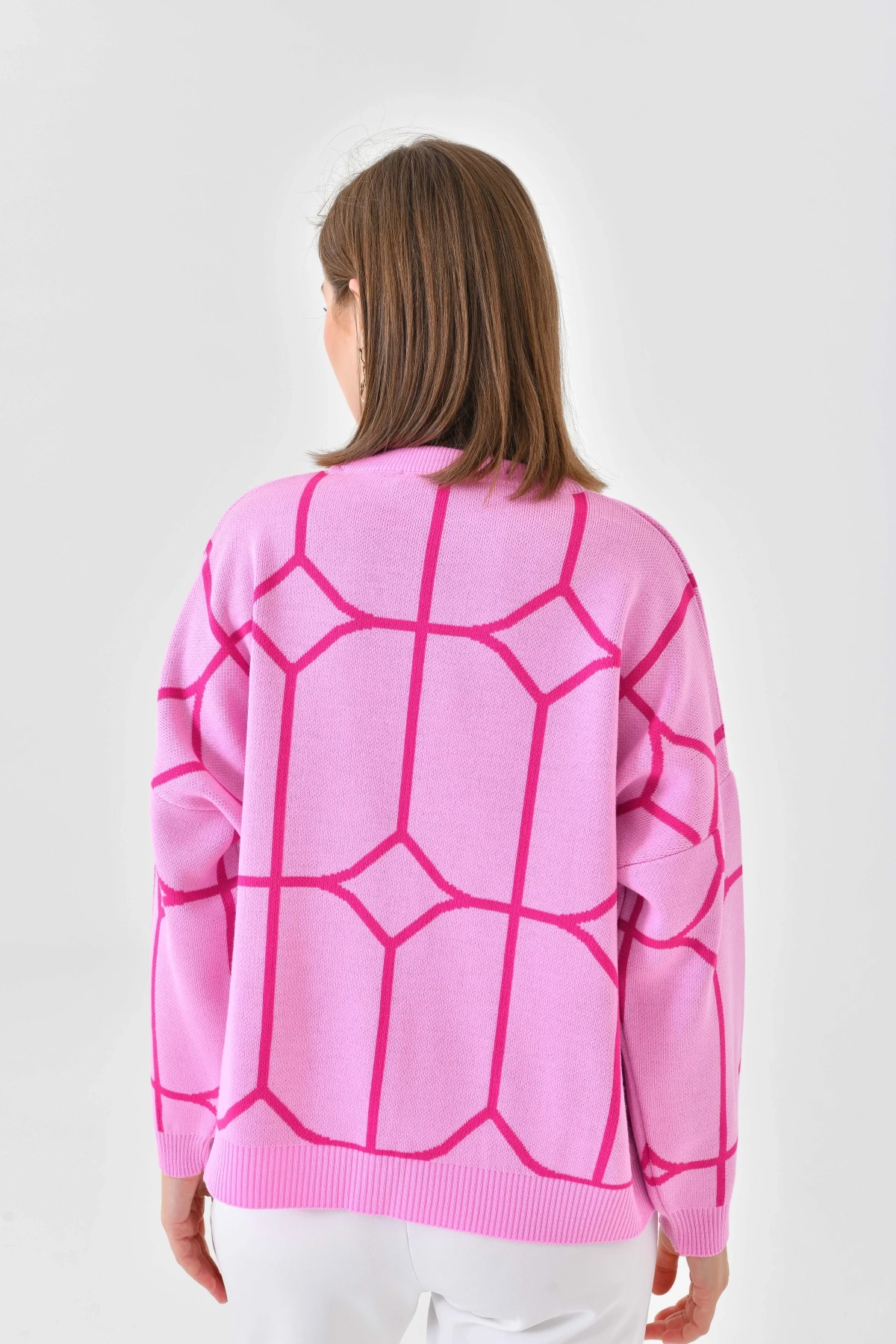 Kadın Bisiklet Yaka Desenli Oversize Triko Kazak 224403