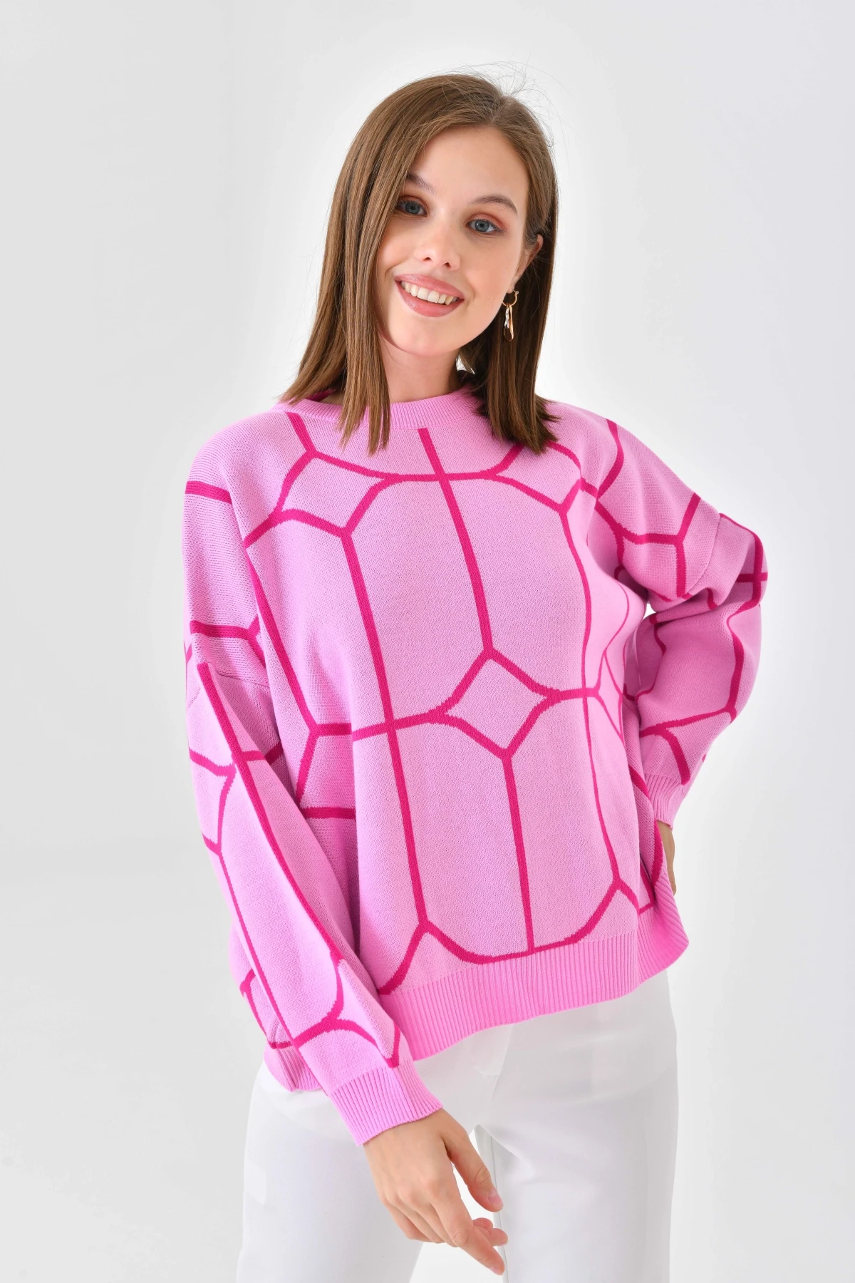 Kadın Bisiklet Yaka Desenli Oversize Triko Kazak 224403