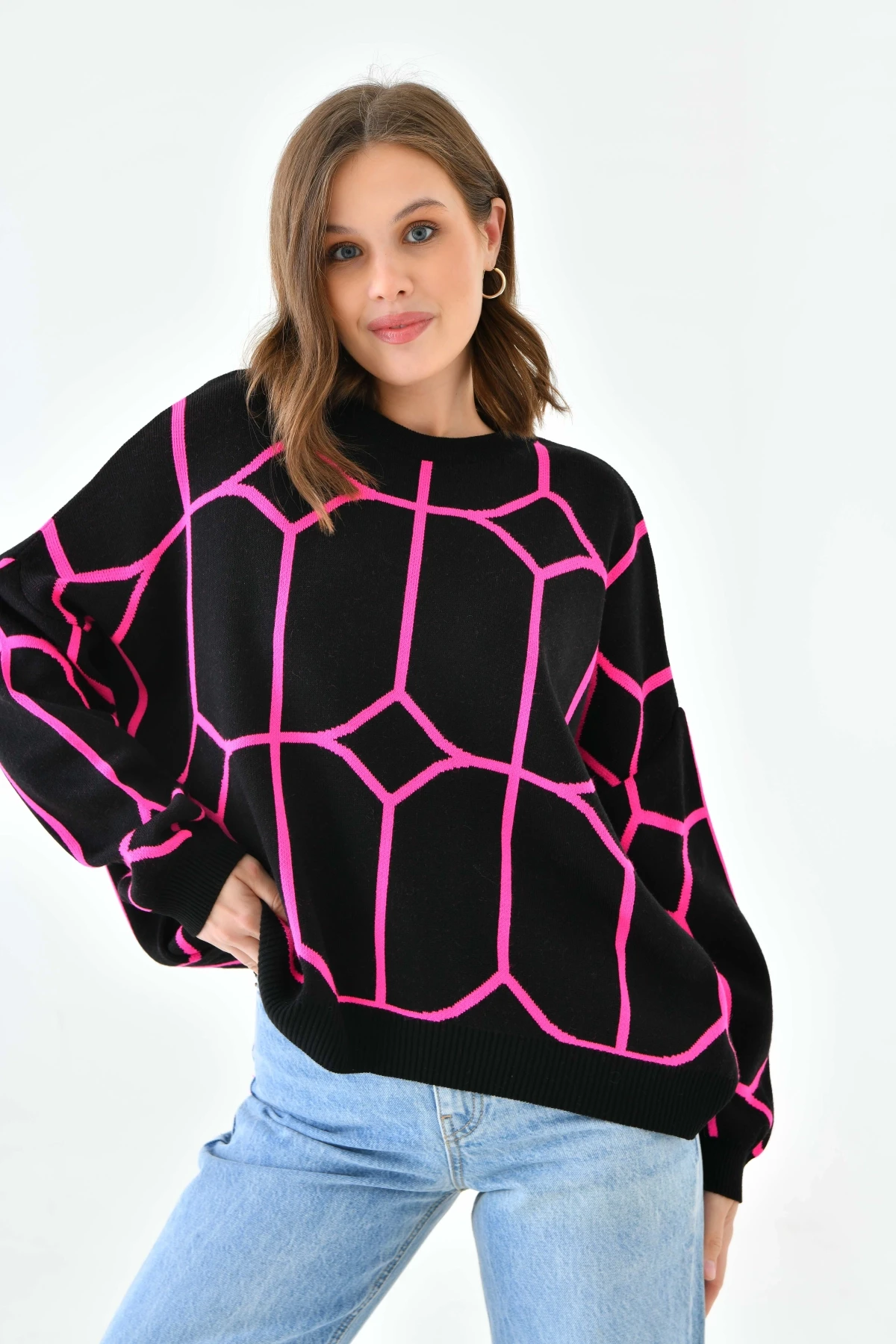 Kadın Bisiklet Yaka Desenli Oversize Triko Kazak 224403