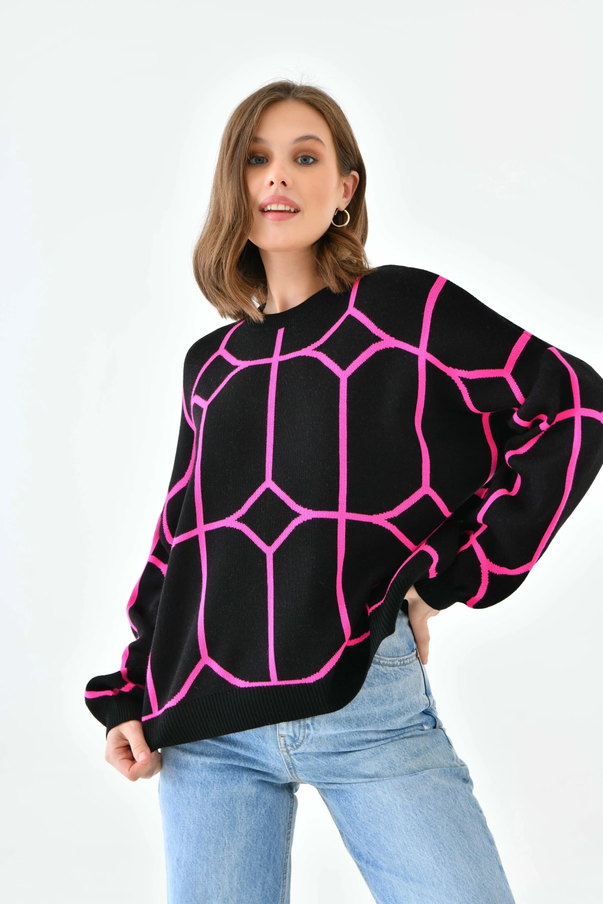 Kadın Bisiklet Yaka Desenli Oversize Triko Kazak 224403