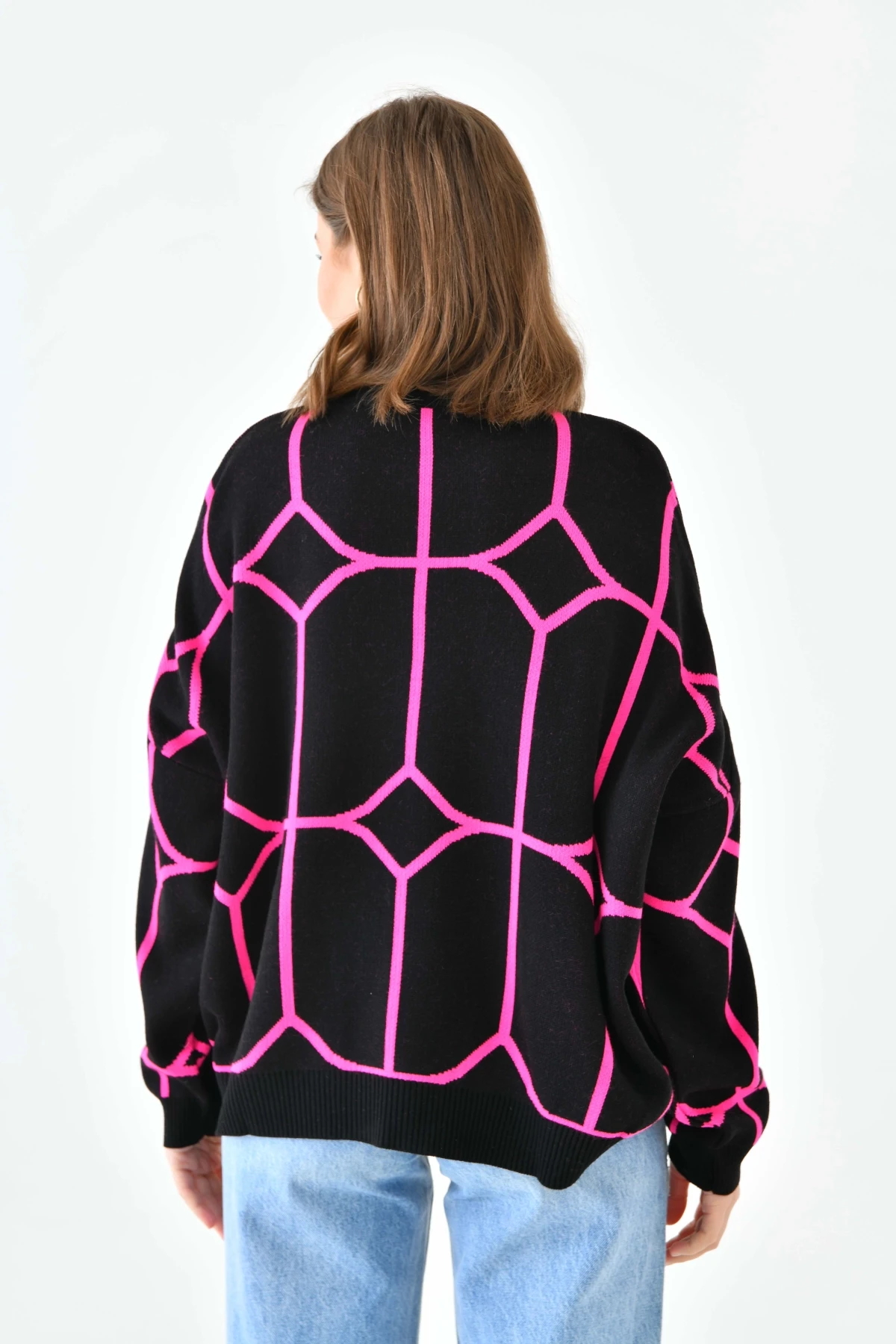 Kadın Bisiklet Yaka Desenli Oversize Triko Kazak 224403