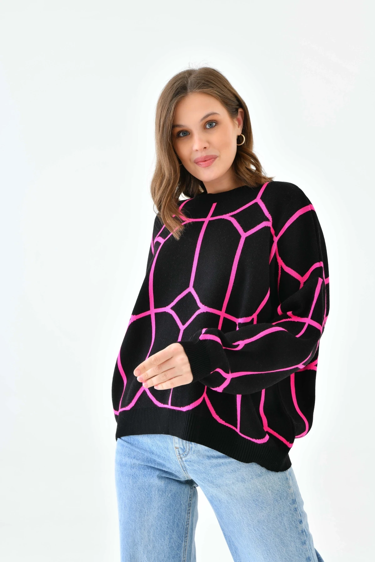 Kadın Bisiklet Yaka Desenli Oversize Triko Kazak 224403