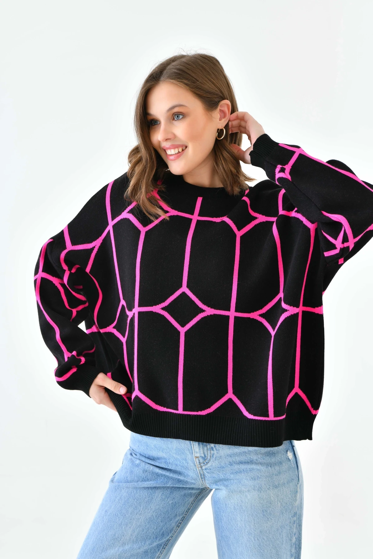 Kadın Bisiklet Yaka Desenli Oversize Triko Kazak 224403