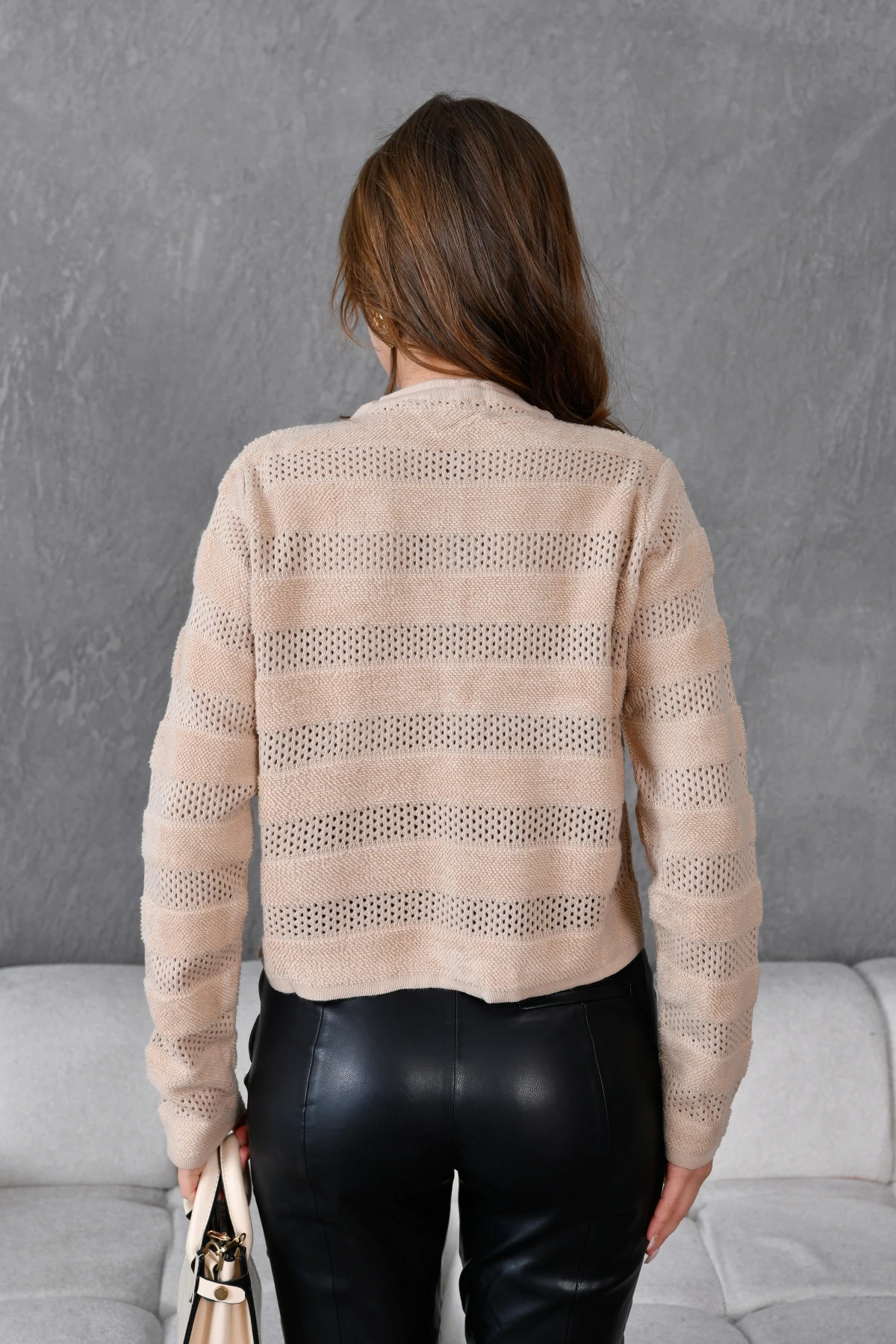 Kadın Bisiklet Yaka Düğme Detay Ajurlu Triko Ceket 10825