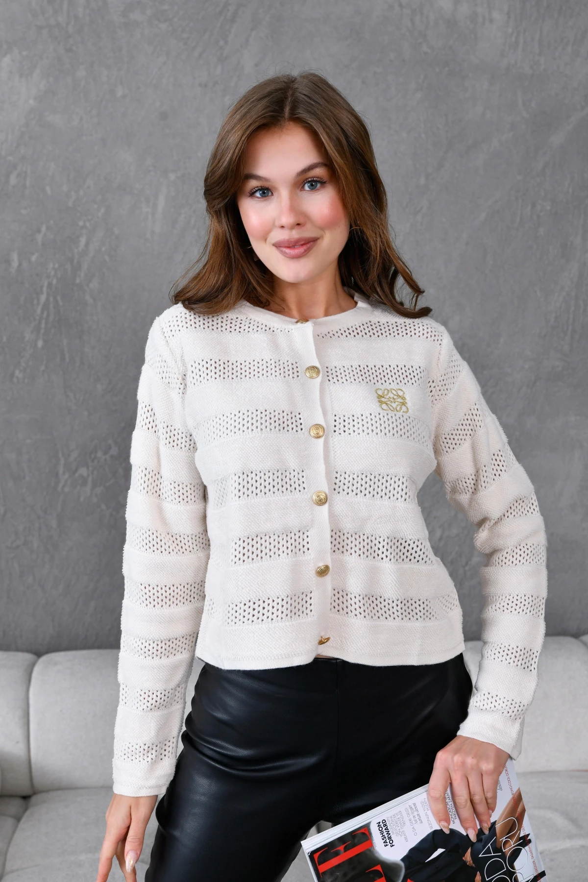 Kadın Bisiklet Yaka Düğme Detay Ajurlu Triko Ceket 10825