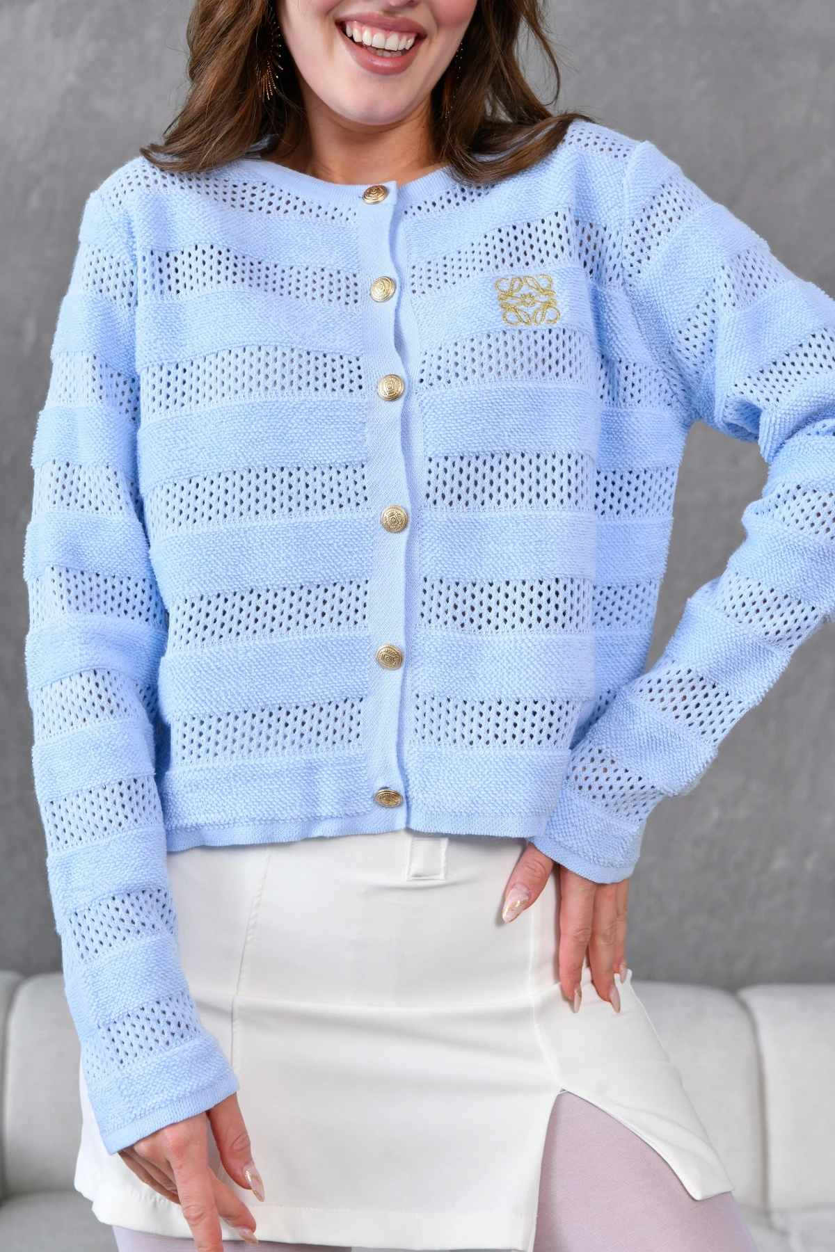 Kadın Bisiklet Yaka Düğme Detay Ajurlu Triko Ceket 10825