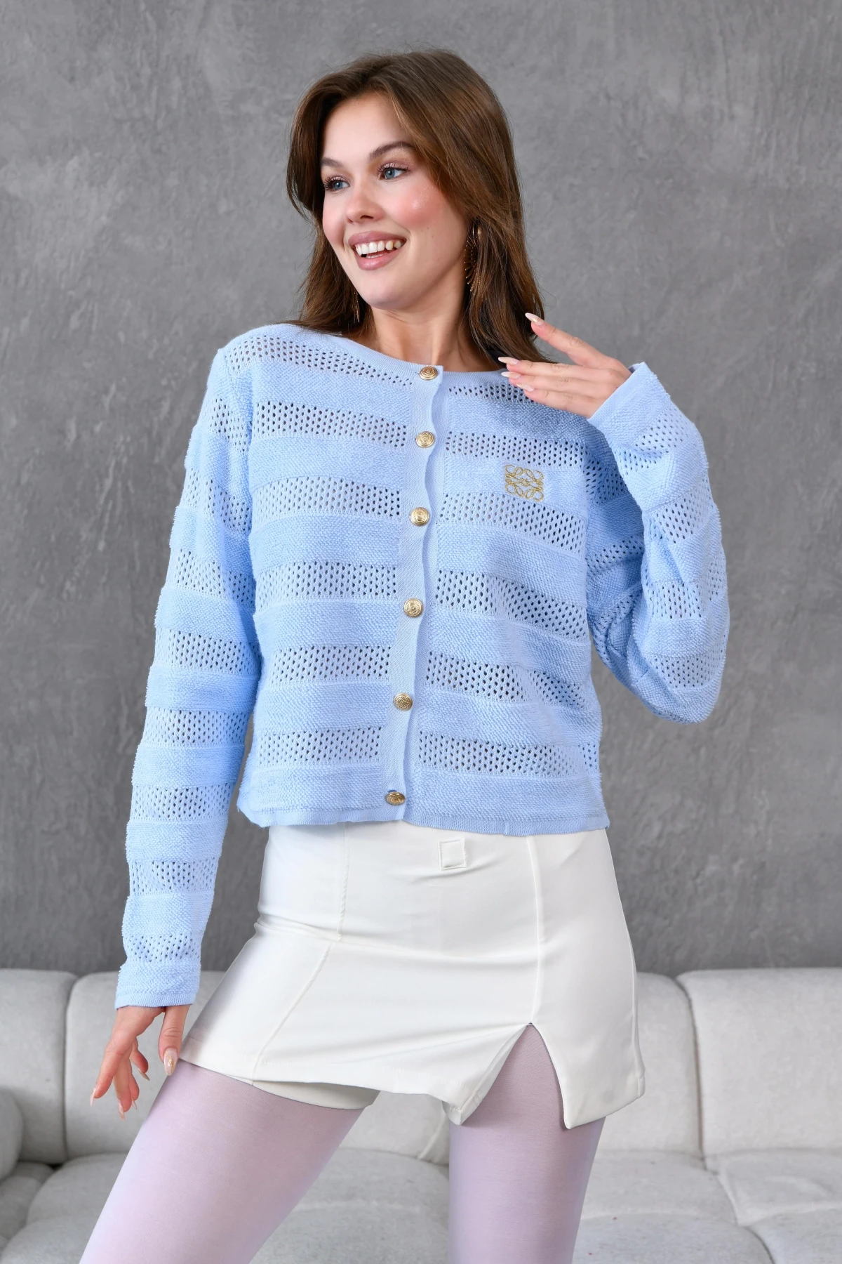 Kadın Bisiklet Yaka Düğme Detay Ajurlu Triko Ceket 10825