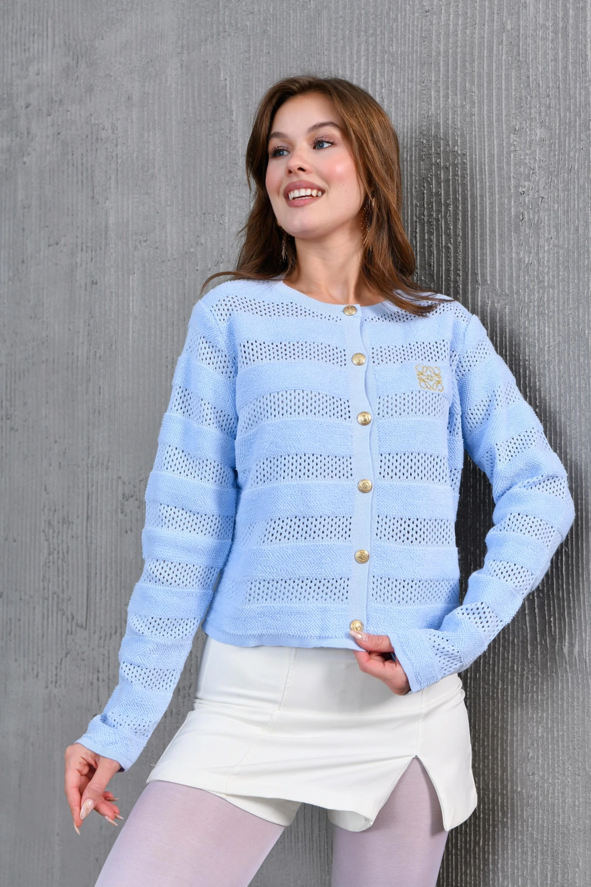 Kadın Bisiklet Yaka Düğme Detay Ajurlu Triko Ceket 10825