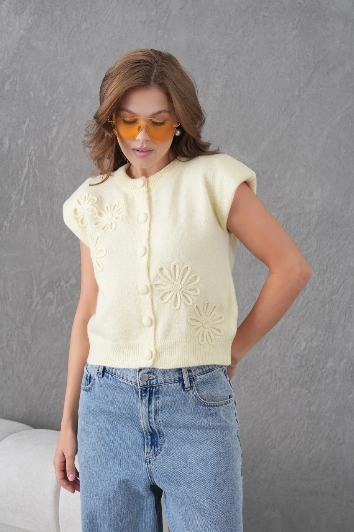 Kadın Bisiklet Yaka Düğme Detay Örgü Desenli Triko Ceket 8602Sw