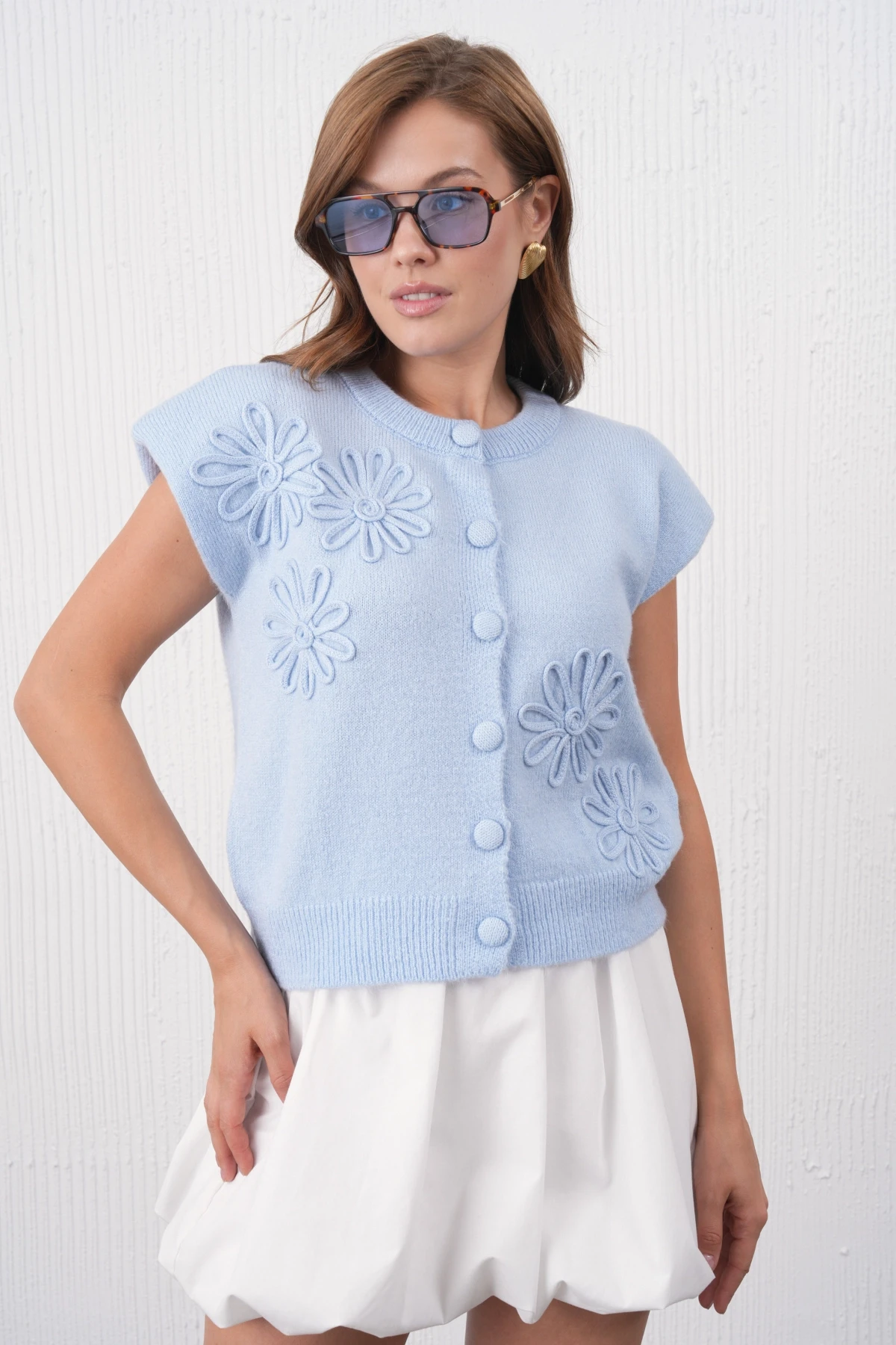 Kadın Bisiklet Yaka Düğme Detay Örgü Desenli Triko Ceket 8602Sw