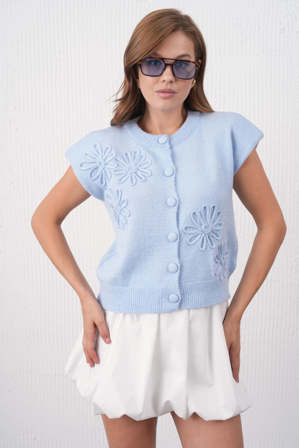 Kadın Bisiklet Yaka Düğme Detay Örgü Desenli Triko Ceket 8602Sw