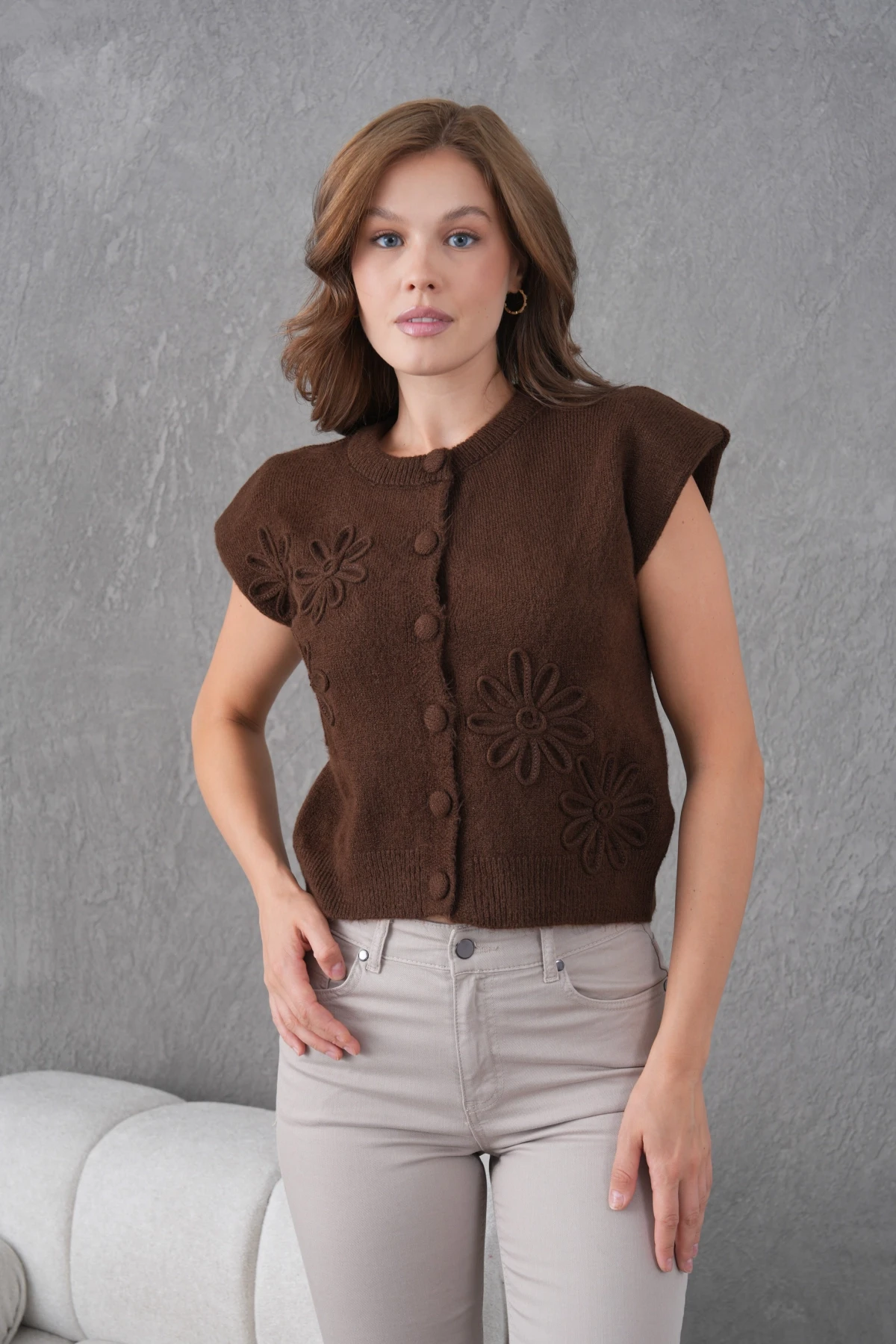 Kadın Bisiklet Yaka Düğme Detay Örgü Desenli Triko Ceket 8602Sw