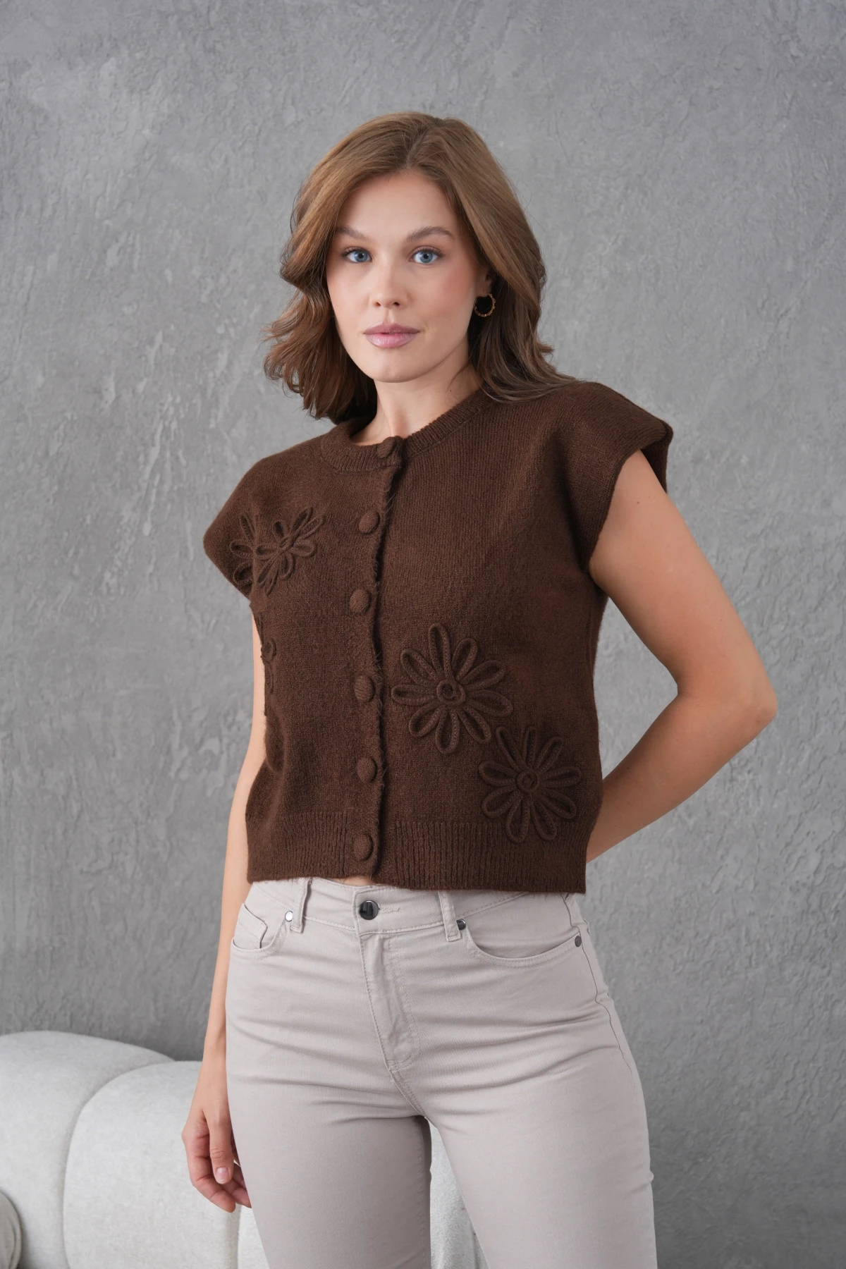 Kadın Bisiklet Yaka Düğme Detay Örgü Desenli Triko Ceket 8602Sw