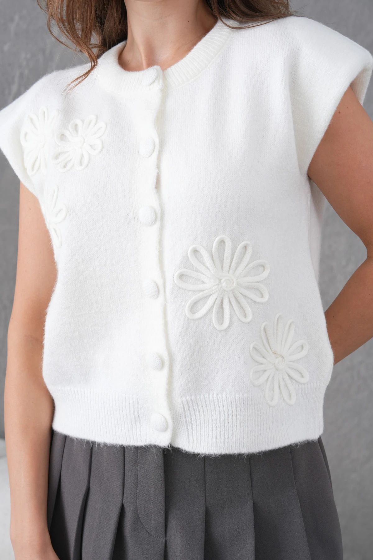 Kadın Bisiklet Yaka Düğme Detay Örgü Desenli Triko Ceket 8602Sw