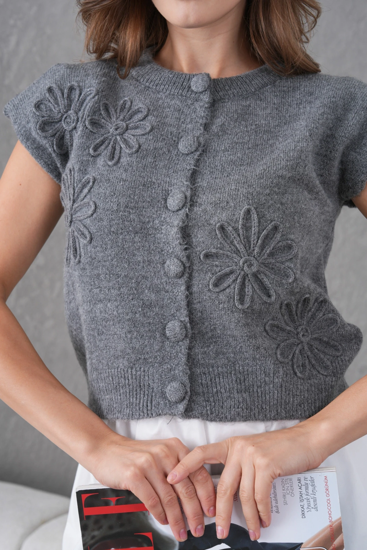 Kadın Bisiklet Yaka Düğme Detay Örgü Desenli Triko Ceket 8602Sw