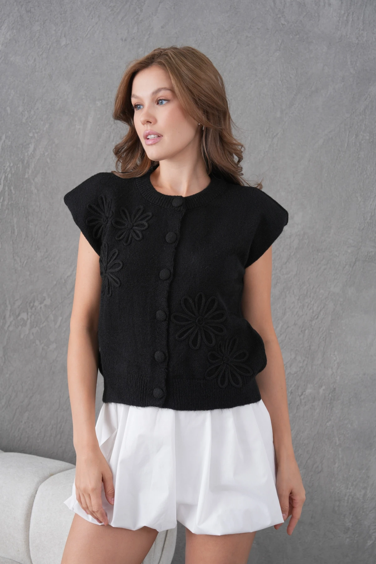 Kadın Bisiklet Yaka Düğme Detay Örgü Desenli Triko Ceket 8602Sw