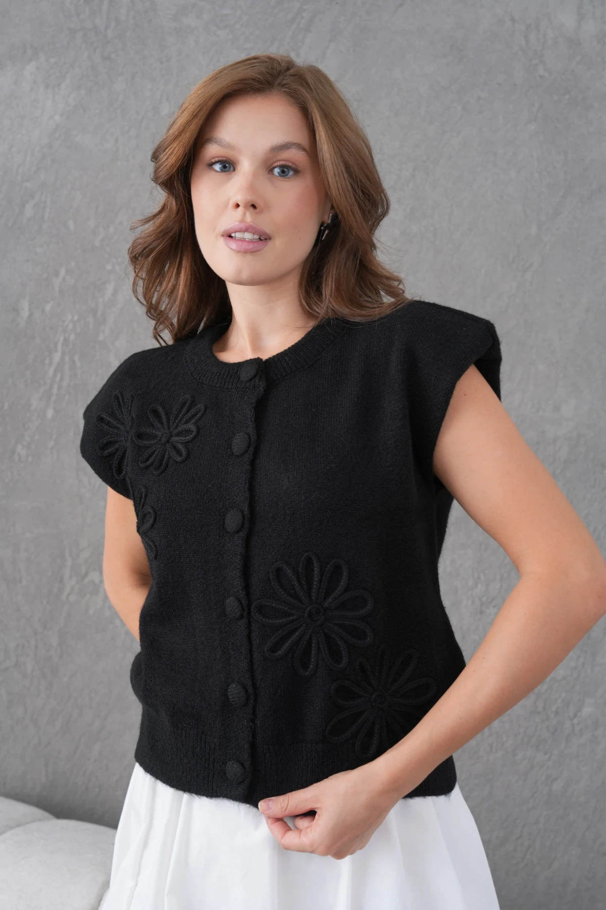 Kadın Bisiklet Yaka Düğme Detay Örgü Desenli Triko Ceket 8602Sw