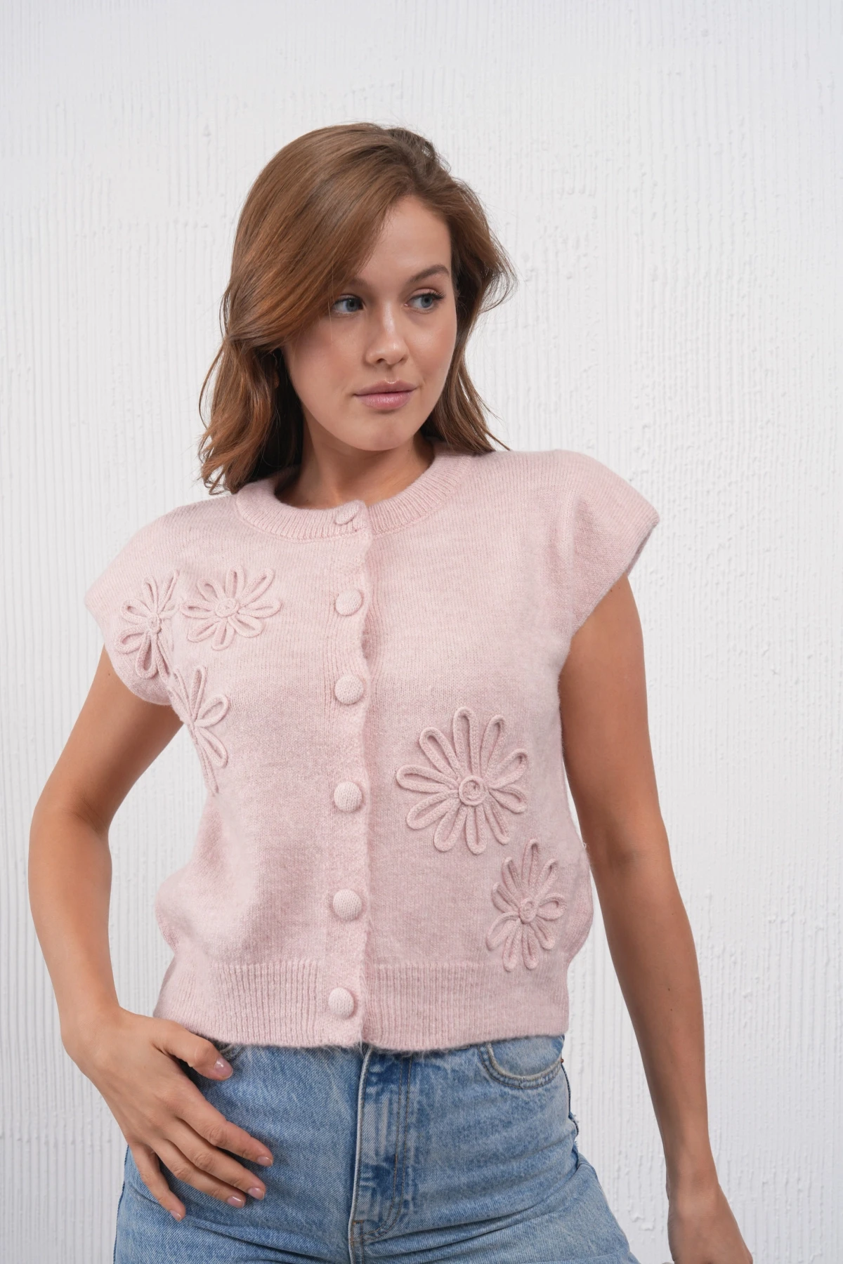 Kadın Bisiklet Yaka Düğme Detay Örgü Desenli Triko Ceket 8602Sw