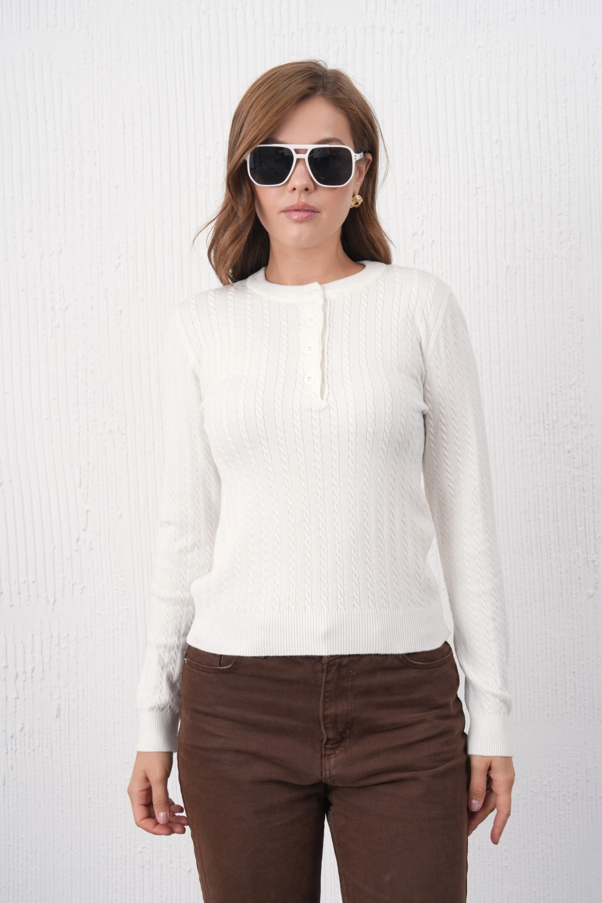 Kadın Bisiklet Yaka Düğme Detay Saç Örgü Premium İplik Triko Kazak 12318