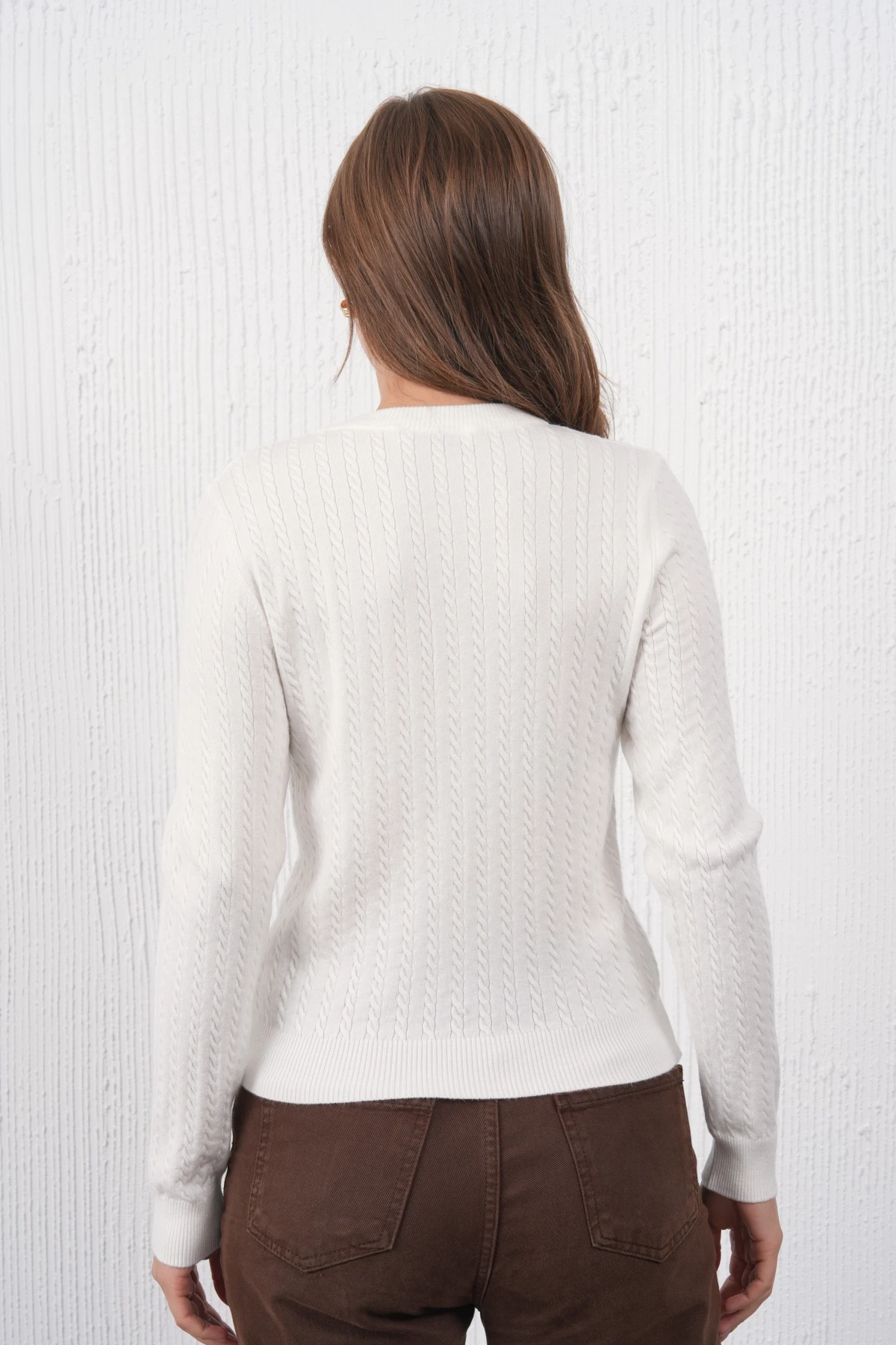 Kadın Bisiklet Yaka Düğme Detay Saç Örgü Premium İplik Triko Kazak 12318