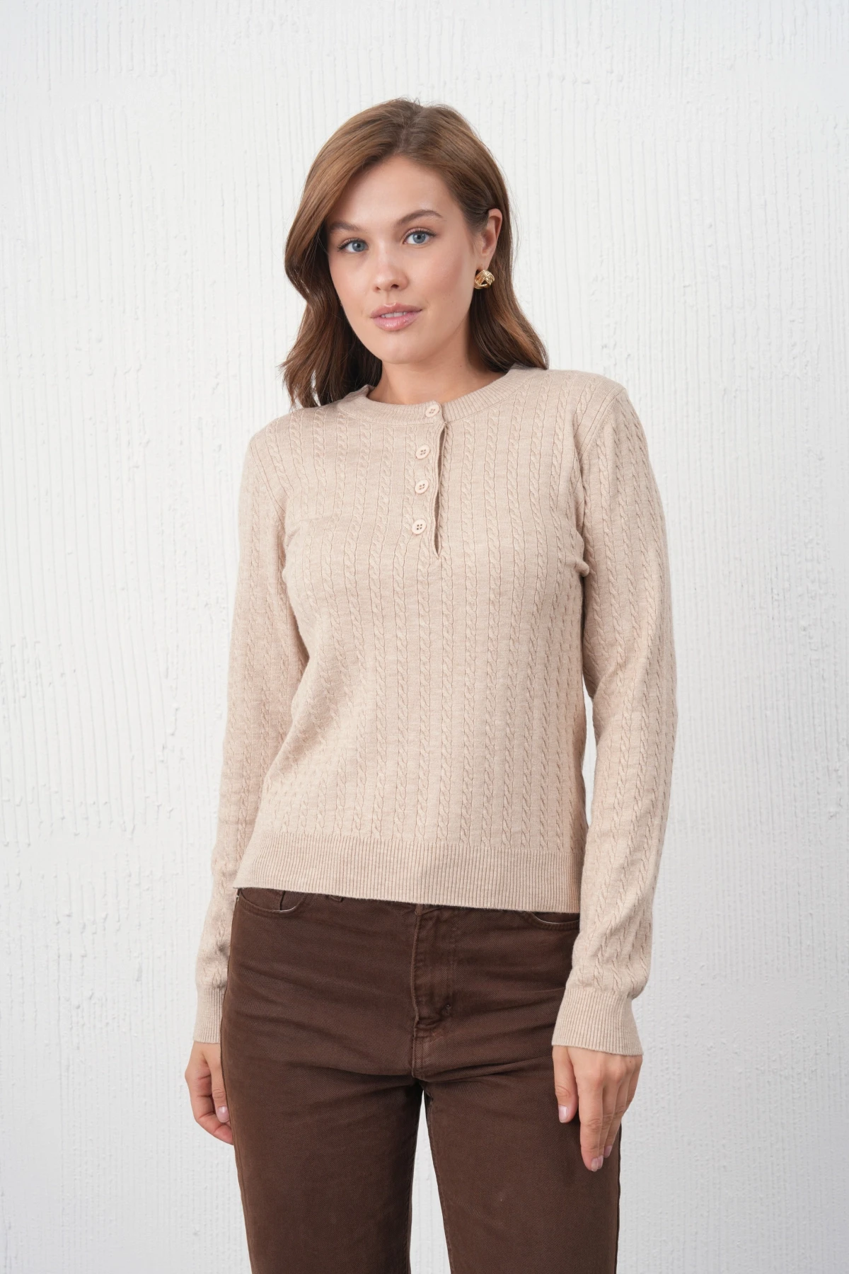 Kadın Bisiklet Yaka Düğme Detay Saç Örgü Premium İplik Triko Kazak 12318