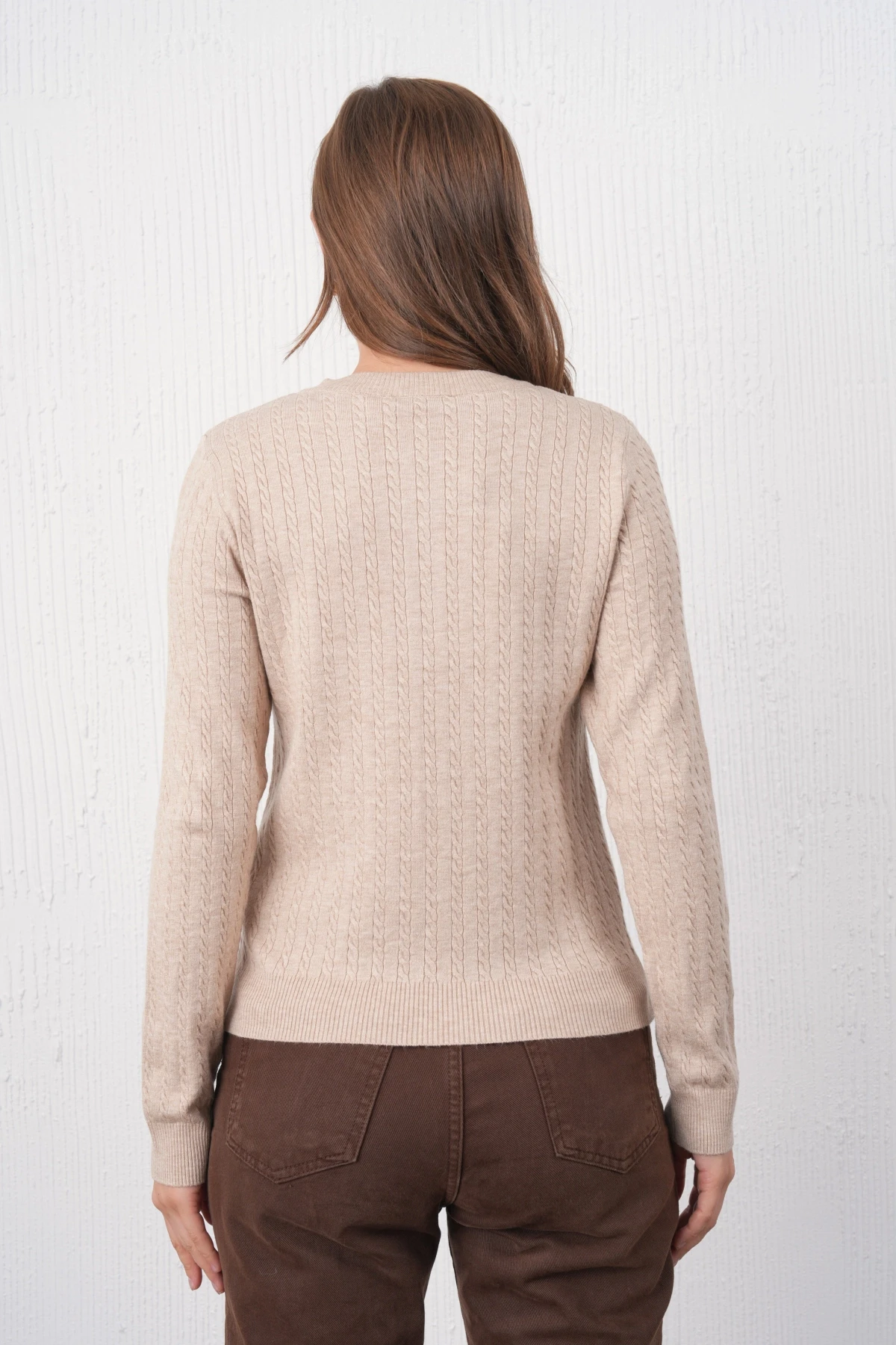 Kadın Bisiklet Yaka Düğme Detay Saç Örgü Premium İplik Triko Kazak 12318