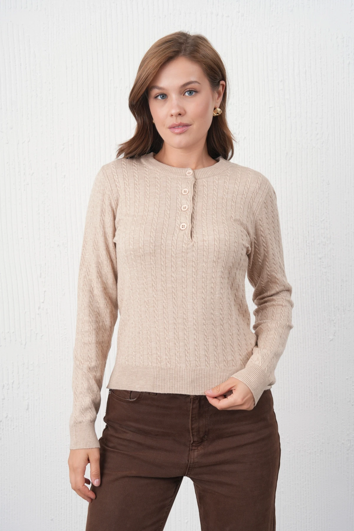 Kadın Bisiklet Yaka Düğme Detay Saç Örgü Premium İplik Triko Kazak 12318