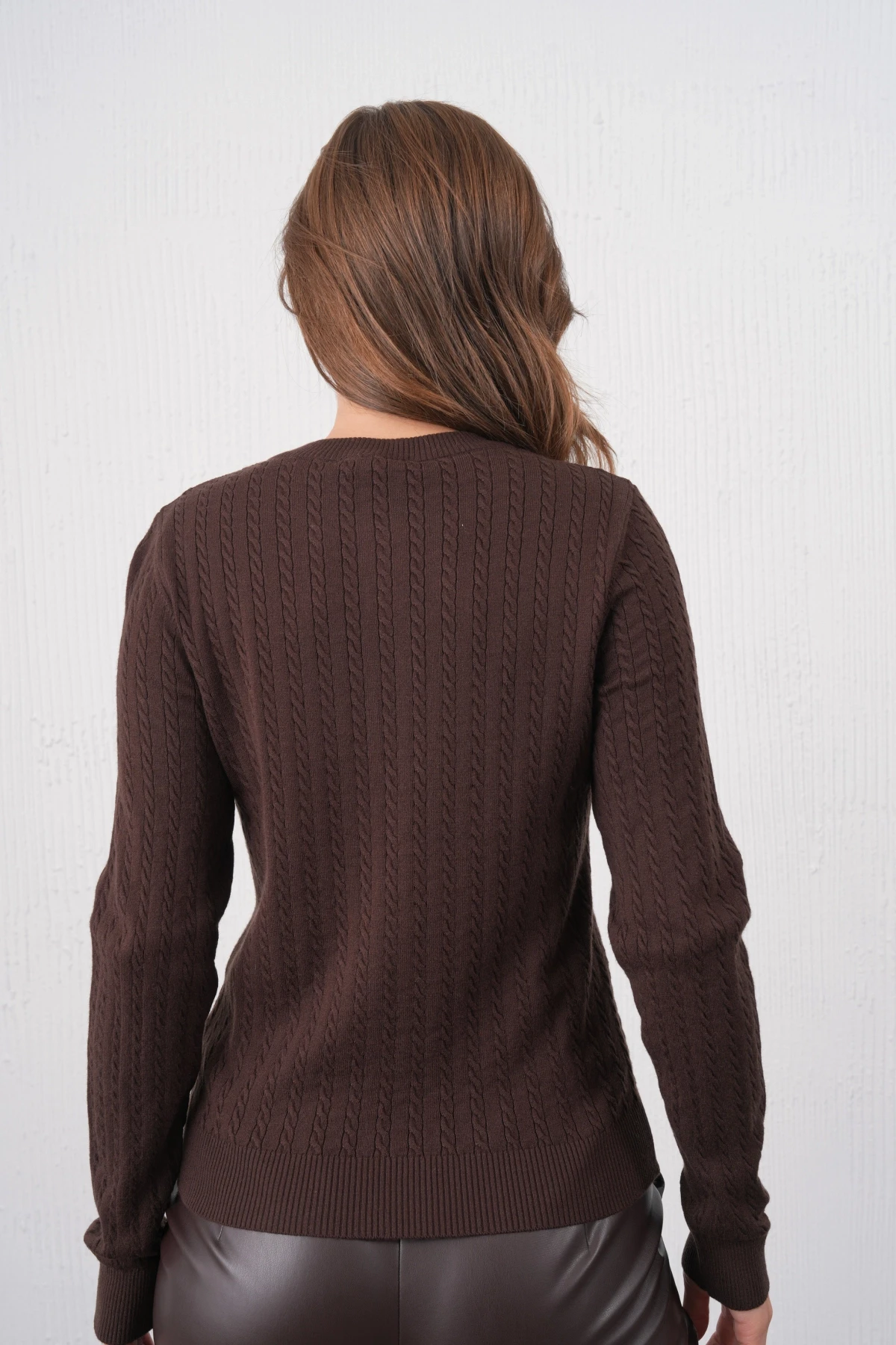 Kadın Bisiklet Yaka Düğme Detay Saç Örgü Premium İplik Triko Kazak 12318