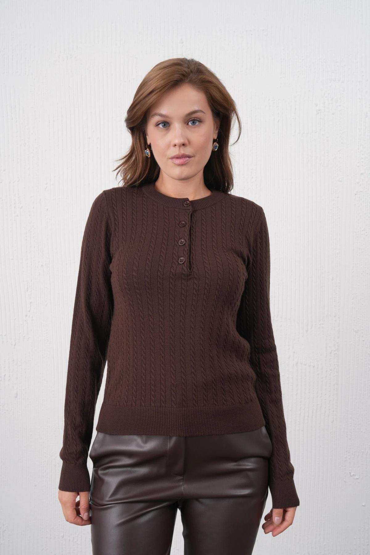 Kadın Bisiklet Yaka Düğme Detay Saç Örgü Premium İplik Triko Kazak 12318