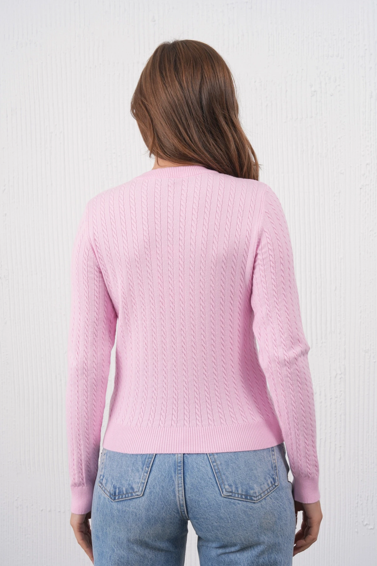 Kadın Bisiklet Yaka Düğme Detay Saç Örgü Premium İplik Triko Kazak 12318