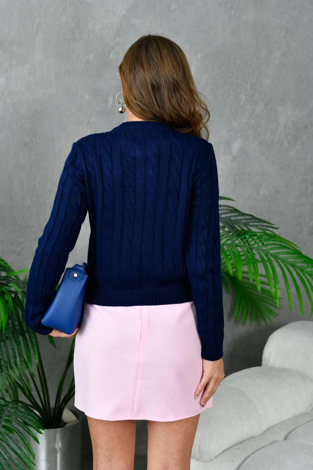 Kadın Bisiklet Yaka Düğme Detay Saç Örgü Triko Ceket 8388