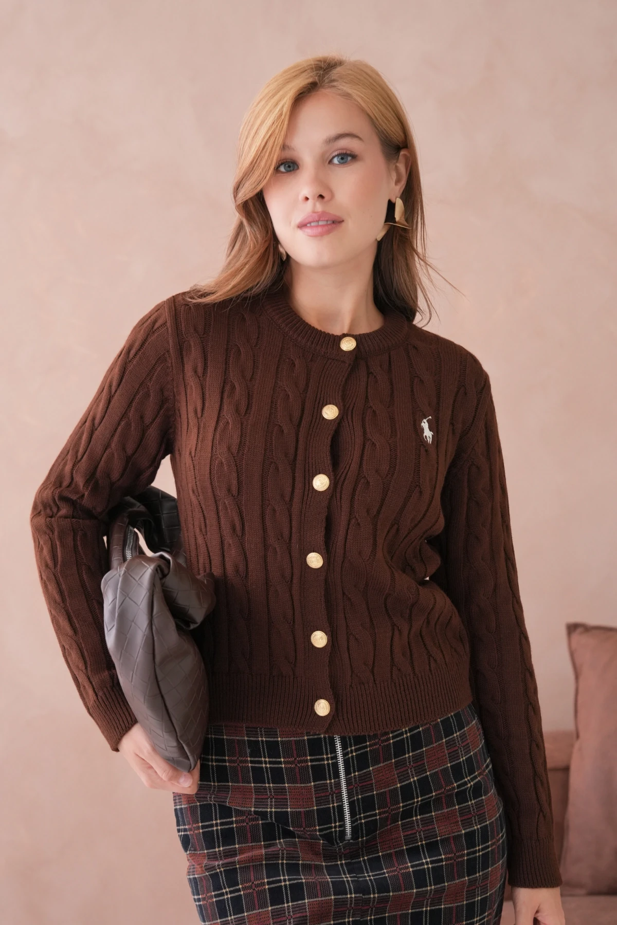 Kadın Bisiklet Yaka Düğme Detay Saç Örgü Triko Ceket 8388