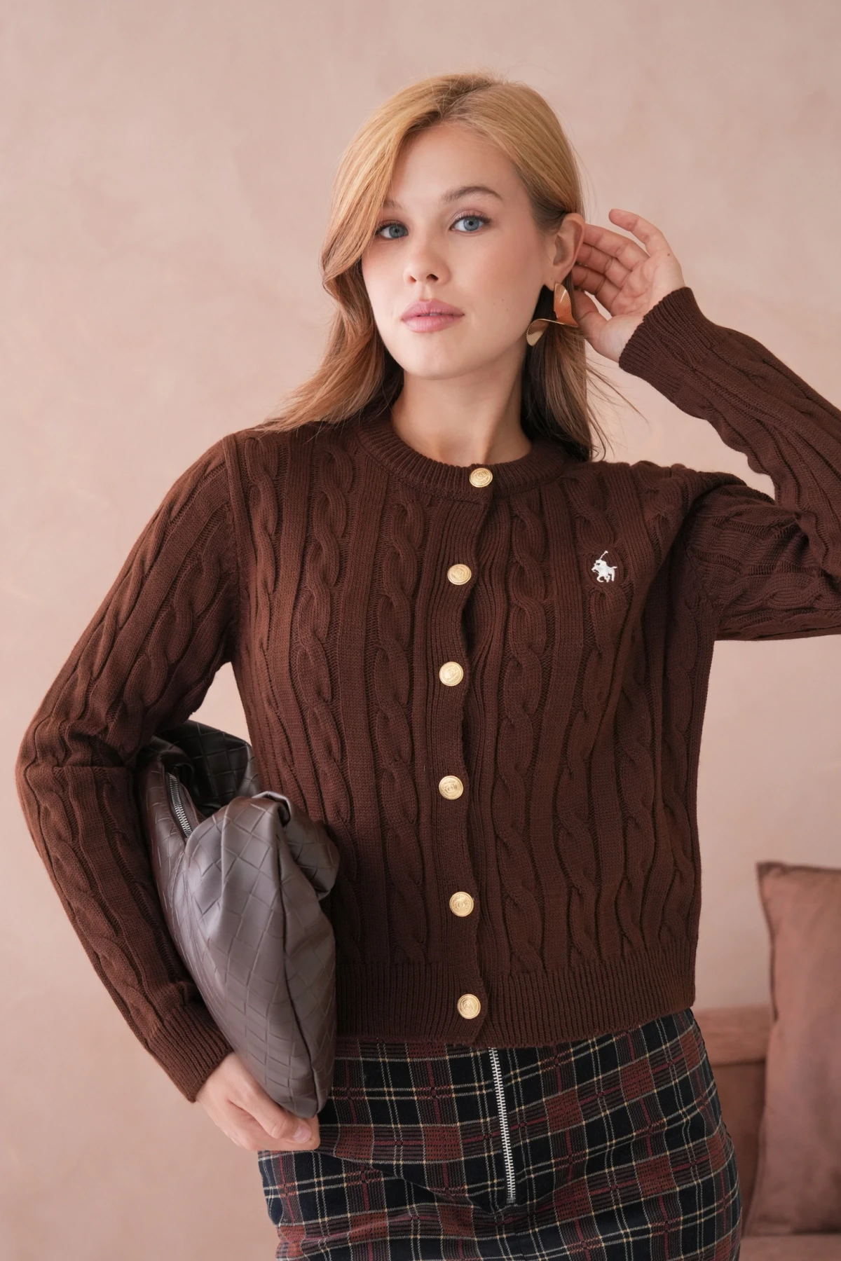 Kadın Bisiklet Yaka Düğme Detay Saç Örgü Triko Ceket 8388