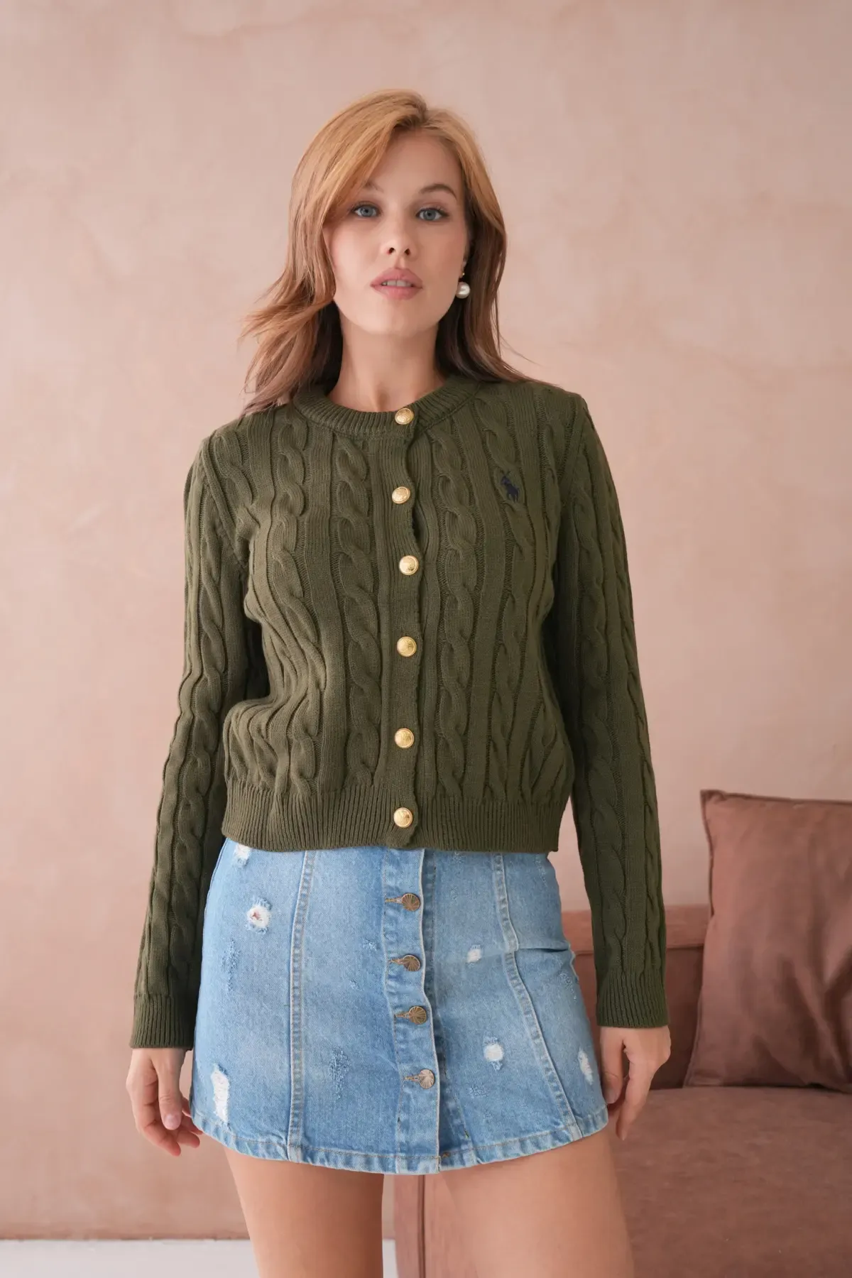 Kadın Bisiklet Yaka Düğme Detay Saç Örgü Triko Ceket 8388