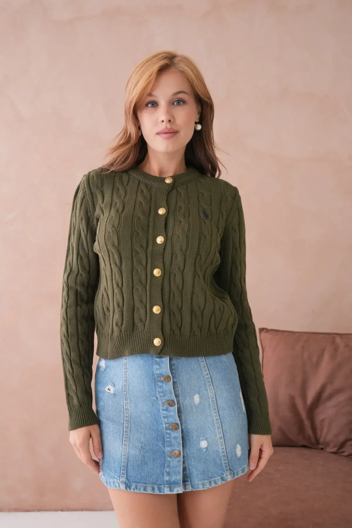 Kadın Bisiklet Yaka Düğme Detay Saç Örgü Triko Ceket 8388