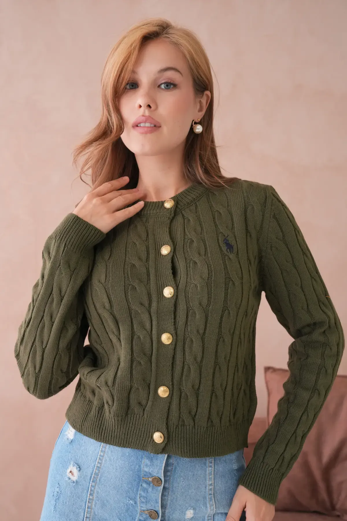 Kadın Bisiklet Yaka Düğme Detay Saç Örgü Triko Ceket 8388