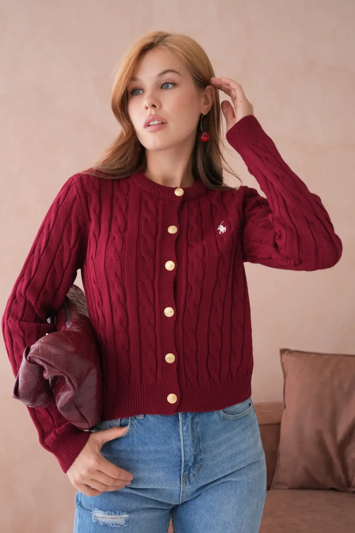 Kadın Bisiklet Yaka Düğme Detay Saç Örgü Triko Ceket 8388