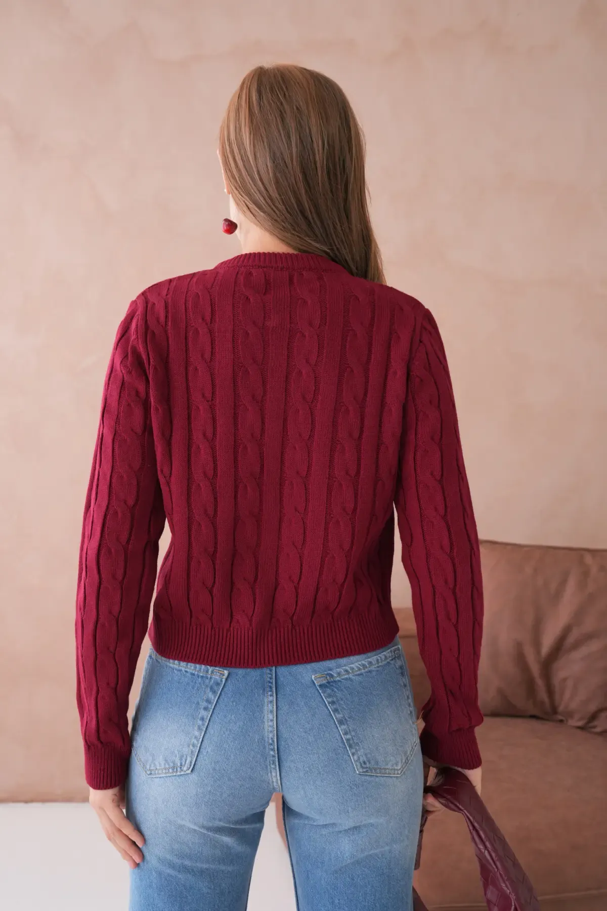 Kadın Bisiklet Yaka Düğme Detay Saç Örgü Triko Ceket 8388