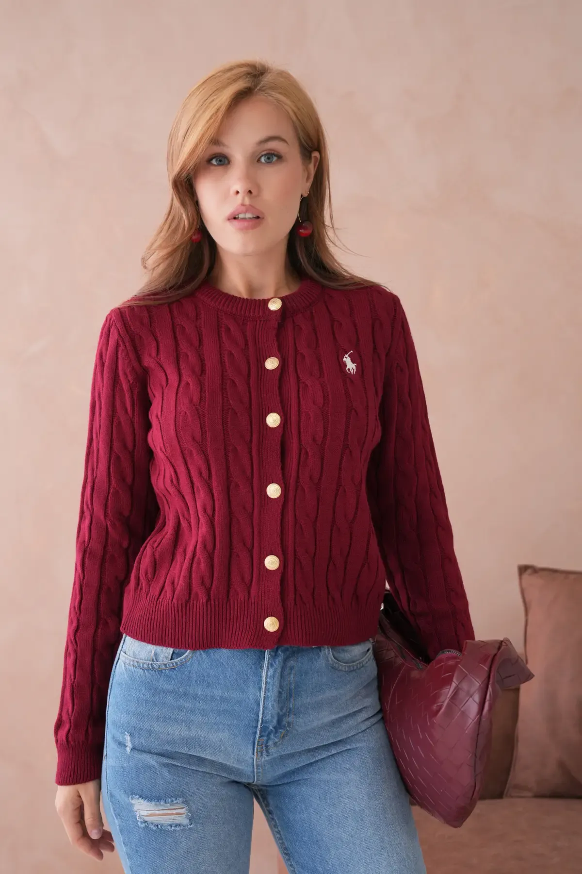 Kadın Bisiklet Yaka Düğme Detay Saç Örgü Triko Ceket 8388