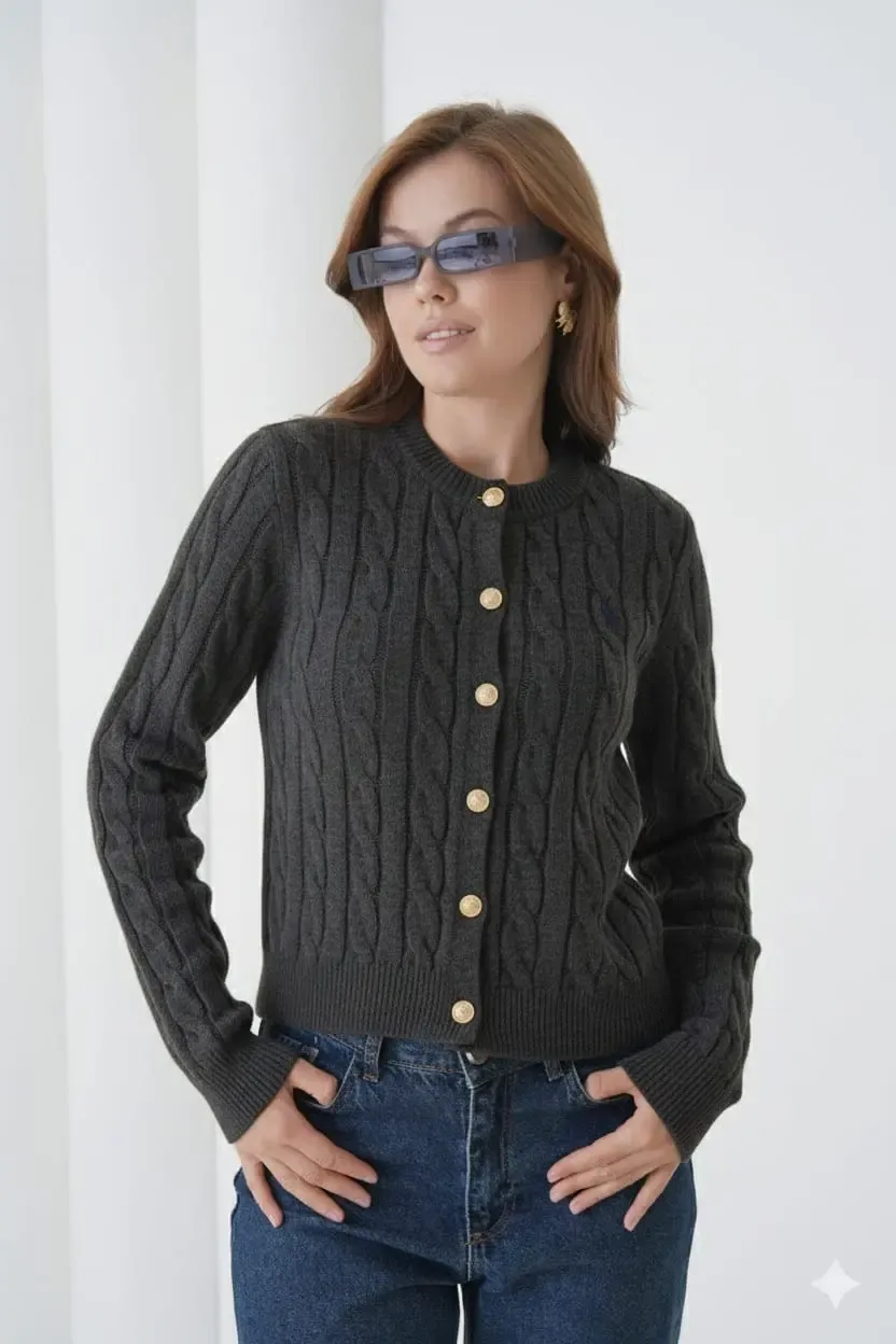 Kadın Bisiklet Yaka Düğme Detay Saç Örgü Triko Ceket 8388