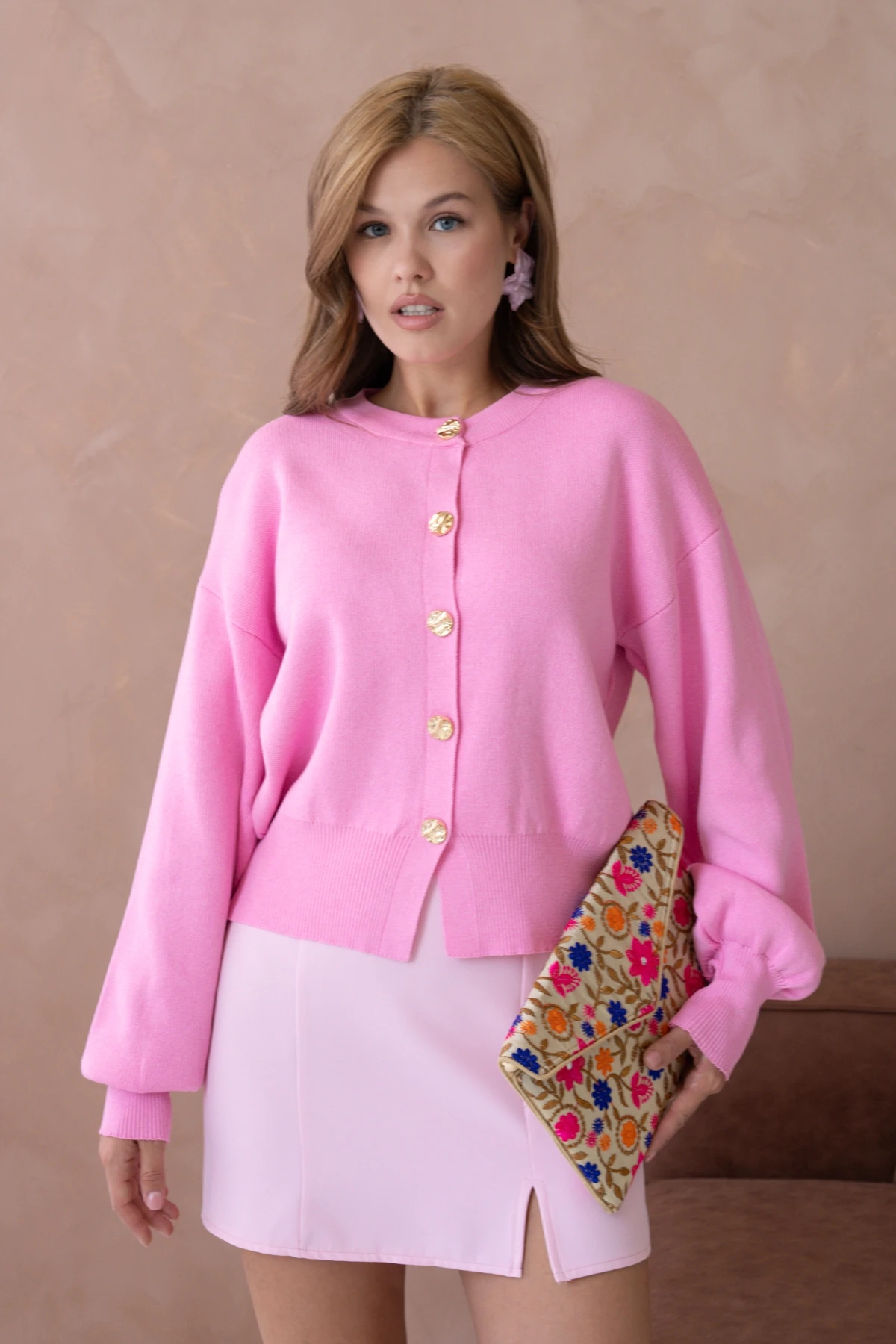 Kadın Bisiklet Yaka Düğme Detaylı Triko Hırka