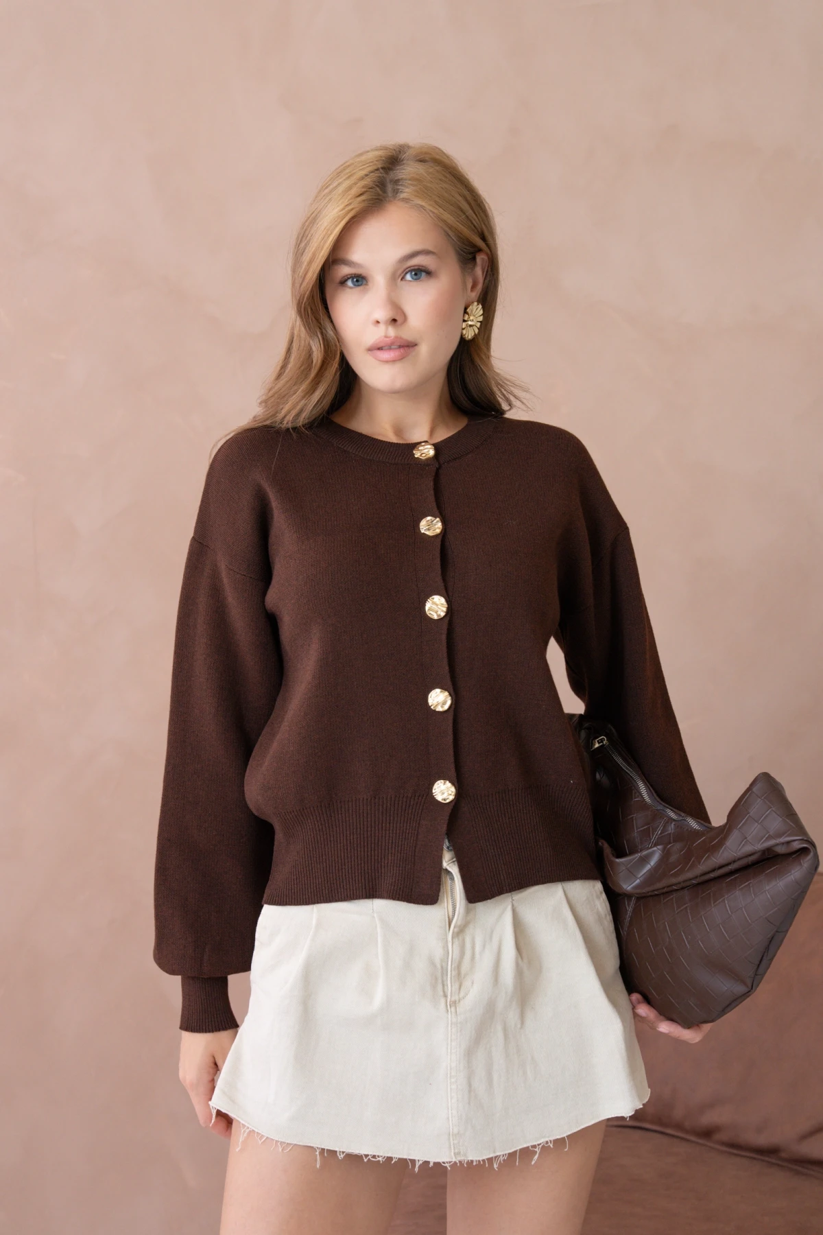 Kadın Bisiklet Yaka Düğme Detaylı Triko Hırka