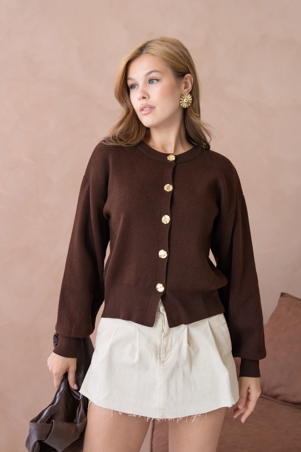 Kadın Bisiklet Yaka Düğme Detaylı Triko Hırka