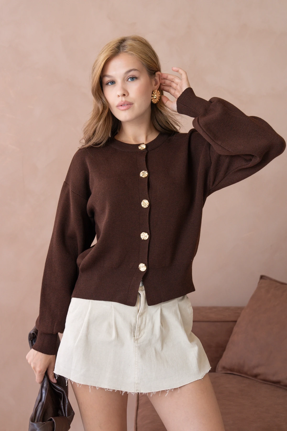 Kadın Bisiklet Yaka Düğme Detaylı Triko Hırka