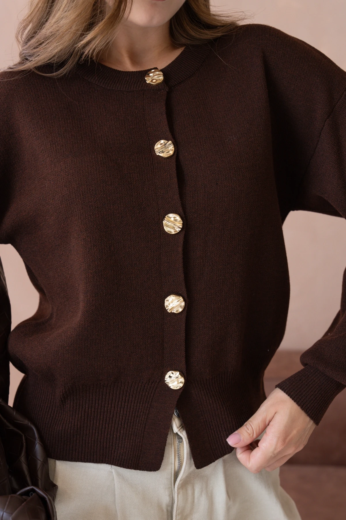 Kadın Bisiklet Yaka Düğme Detaylı Triko Hırka