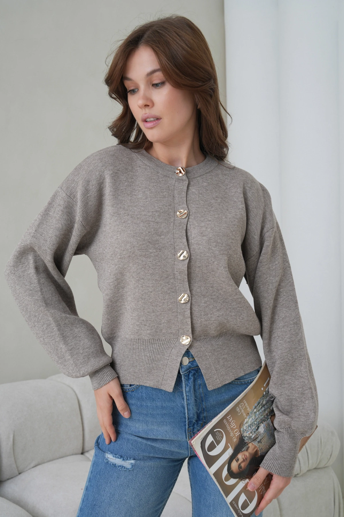 Kadın Bisiklet Yaka Düğme Detaylı Triko Hırka