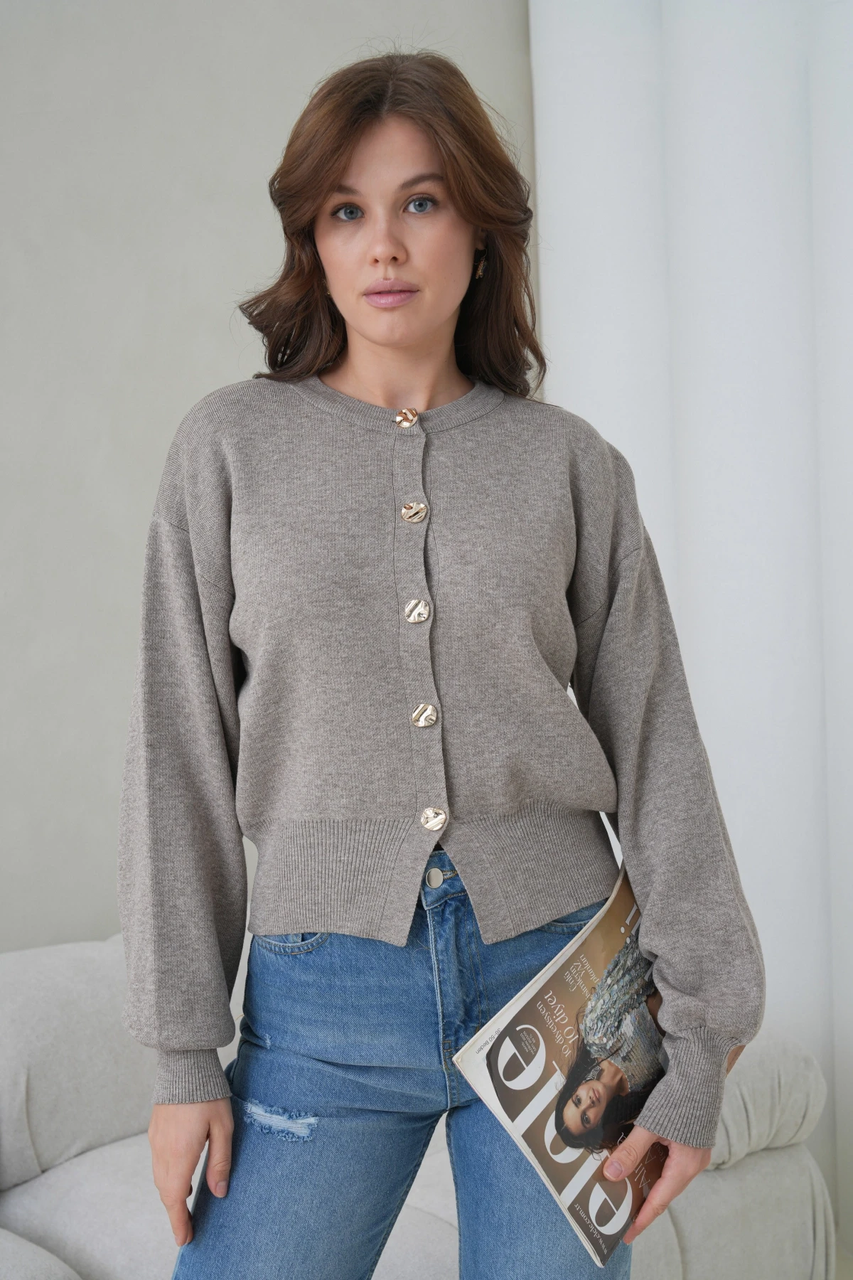 Kadın Bisiklet Yaka Düğme Detaylı Triko Hırka