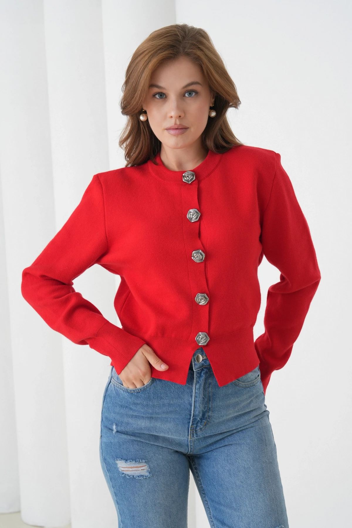 Kadın Bisiklet Yaka Düğme Detylı  Premium İplik Triko Ceket 12319.Crs