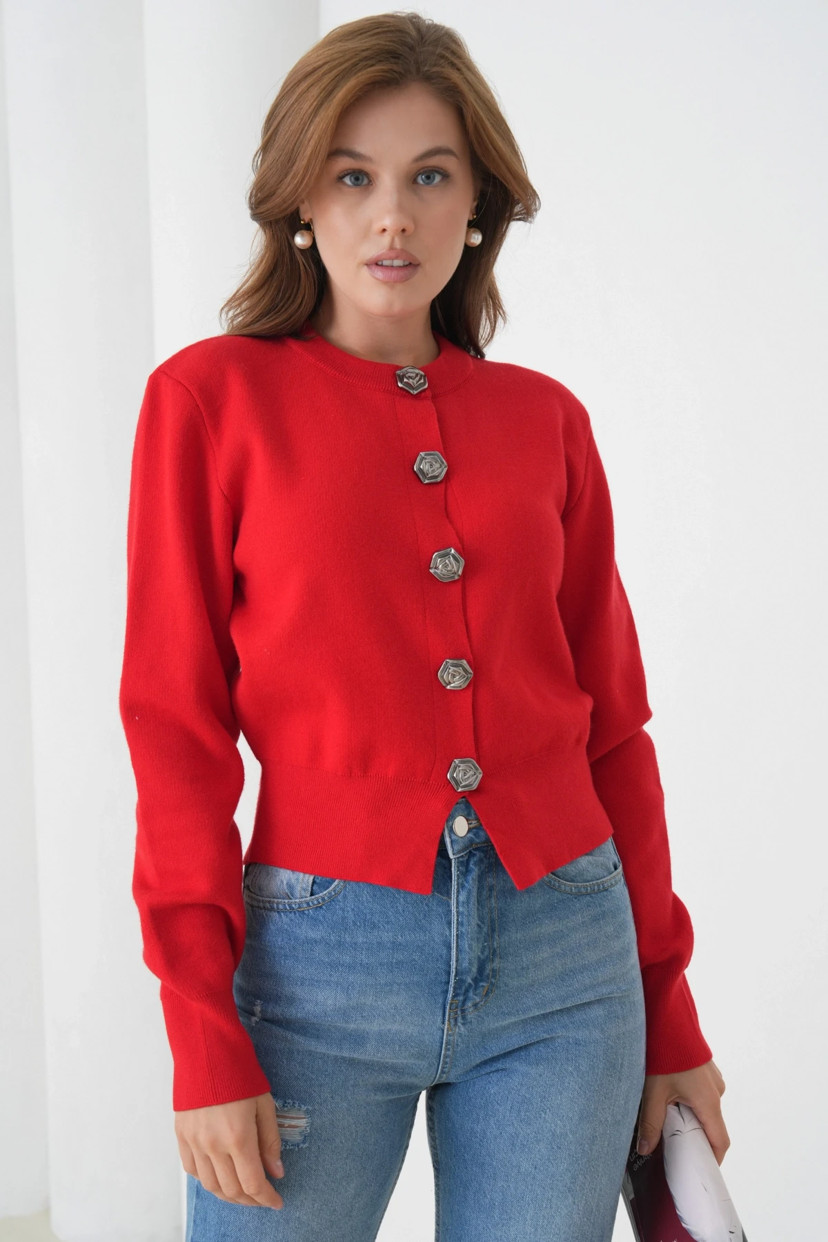 Kadın Bisiklet Yaka Düğme Detylı  Premium İplik Triko Ceket 12319.Crs